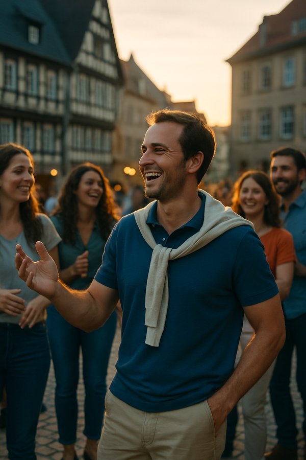 Ein Mann in einer Altstadt geht in einer kleinen Gruppe durch die Straßen. Er wirkt gelöst und frei, die Szene vermittelt Hoffnung und Aufbruchsstimmung.